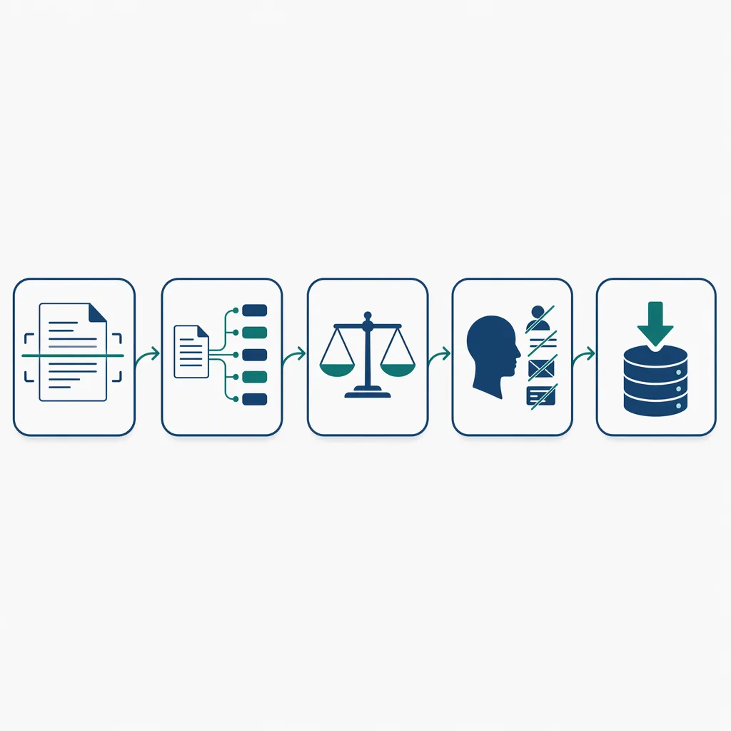 Pipeline en 5 étapes : OCR, extraction, normalisation, anonymisation, export.