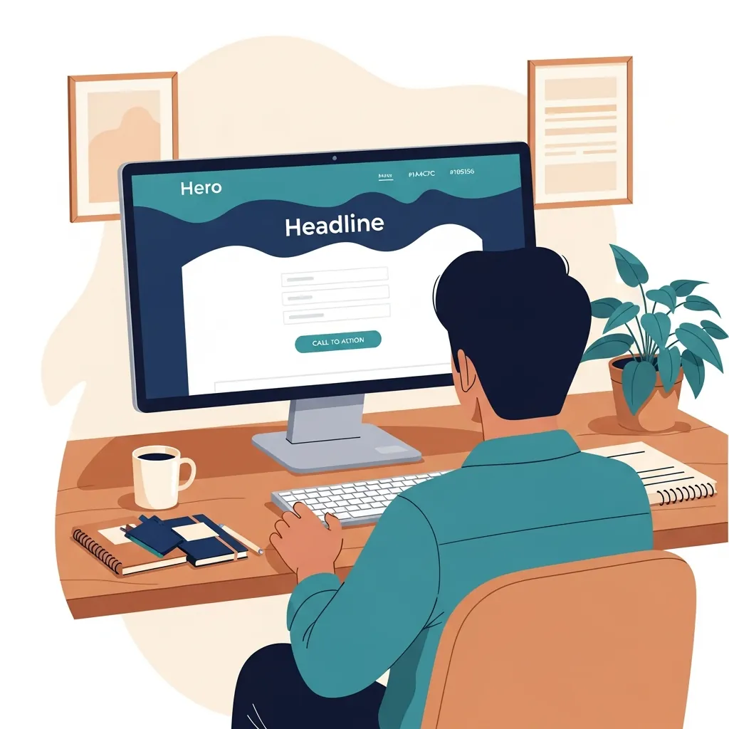 Marketingexpertin vor einem Bildschirm, der das Wireframe einer Landingpage anzeigt.