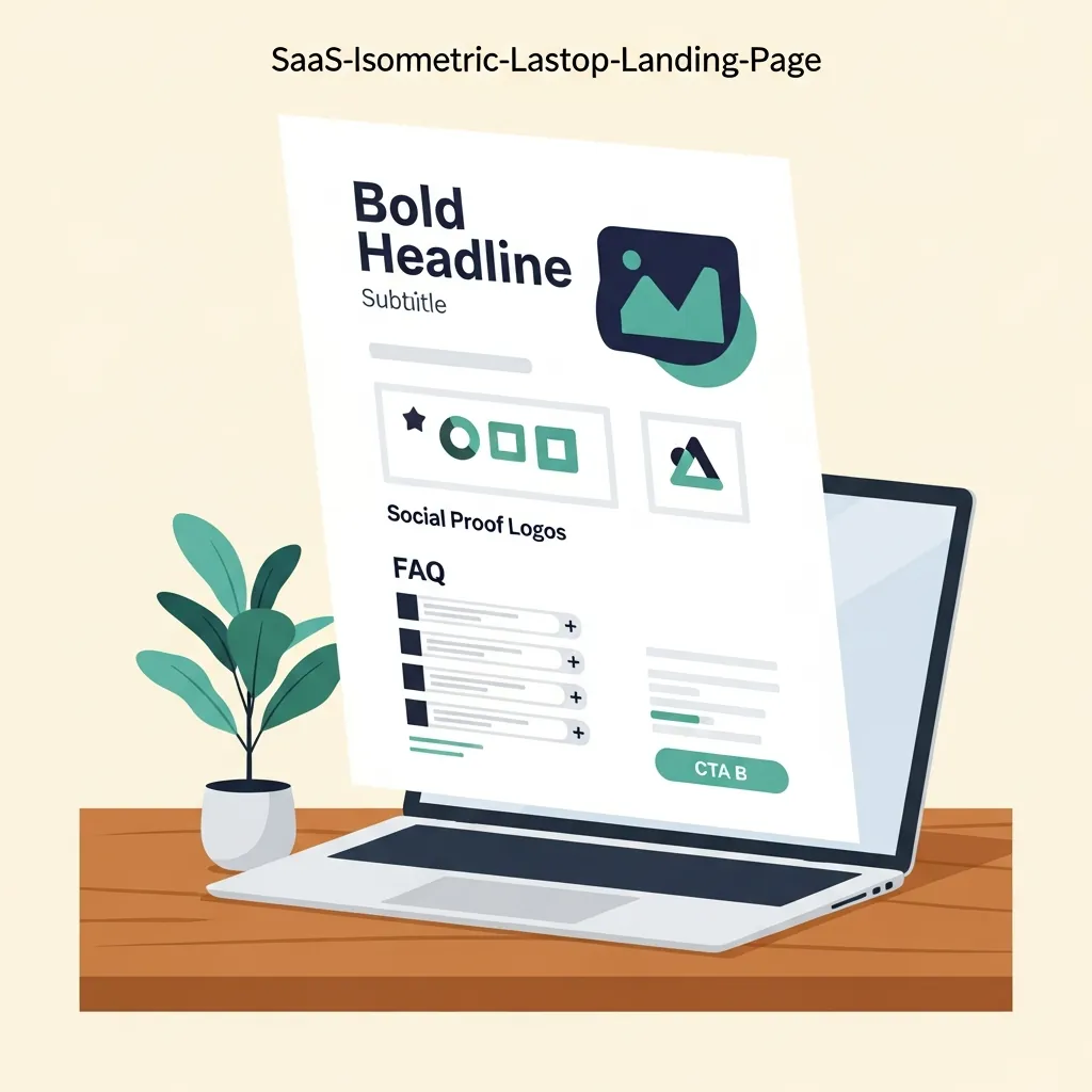 Mockup einer Landingpage mit hervorgehobenem Hero, Proof-Sektionen, FAQ und CTA.