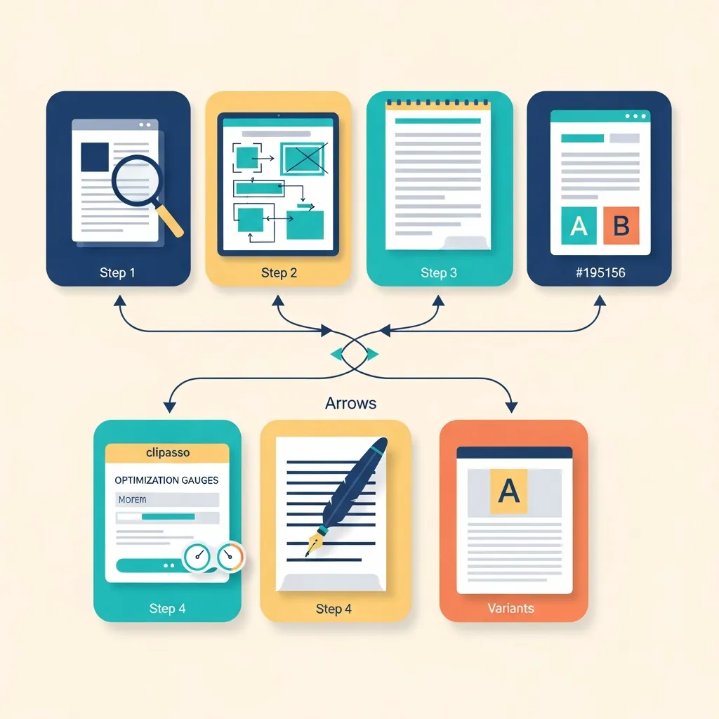 5-Schritte-Pipeline: Produkt-Briefing, CRO-Wireframe, Redaktion, Formularoptimierung, A/B-Varianten.