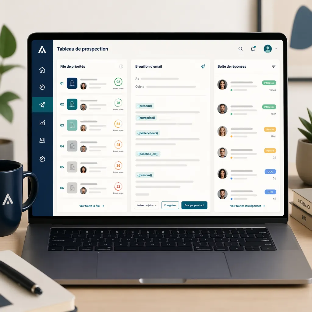 Mockup d'un dashboard de prospection — queue priorisée, draft cold email, inbox replies classifiées.