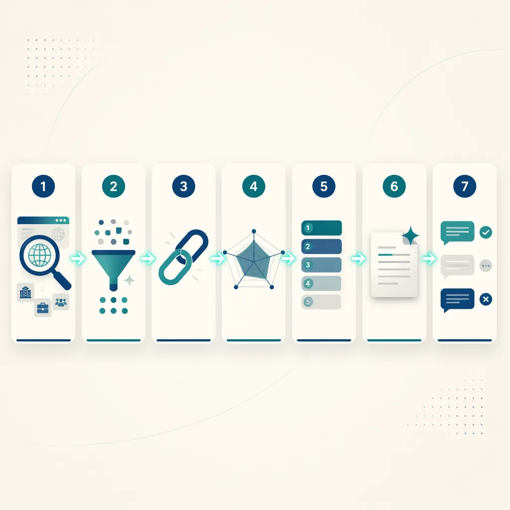 Pipeline horizontal en 7 étapes : détection, pipeline, enrichment, scoring, priorisation, drafting, reply engine.
