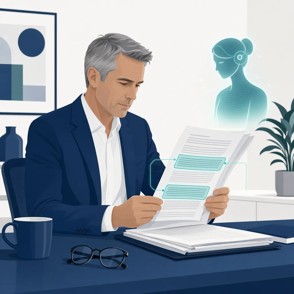 Abogado leyendo un contrato con un asistente de IA que resalta las cláusulas de riesgo.