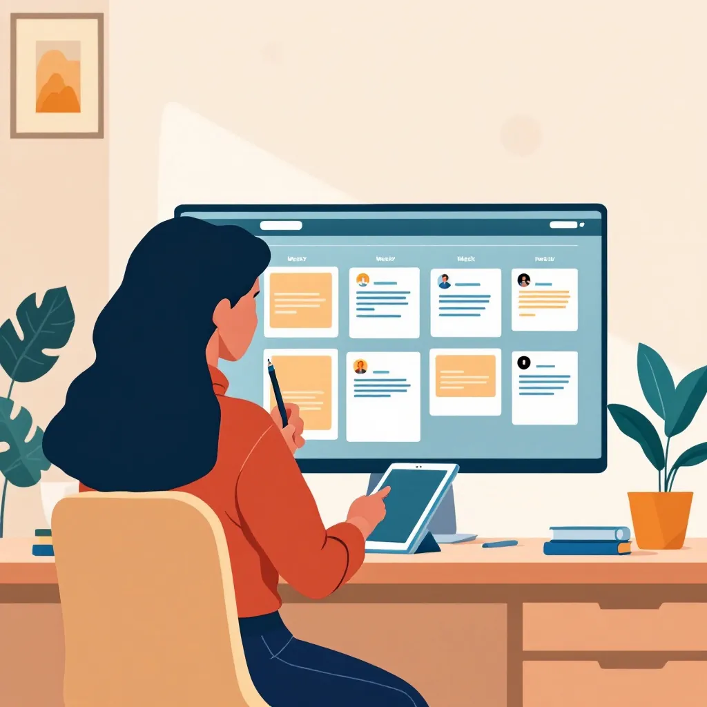Content Creator vor einem Bildschirm, der einen LinkedIn-Redaktionskalender anzeigt.