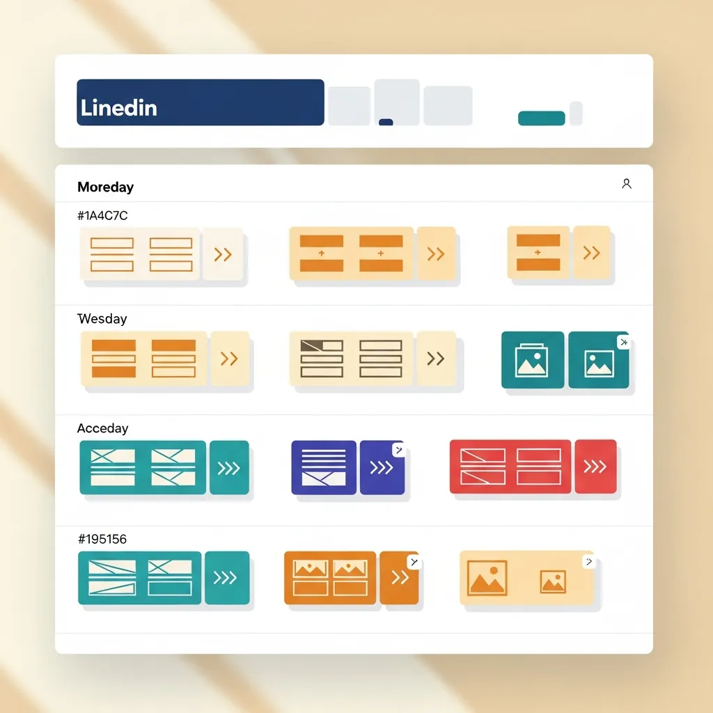 Mockup eines LinkedIn-Kalenders mit Posts, verteilt über 4 Wochen, und annotierten A/B-Hooks.