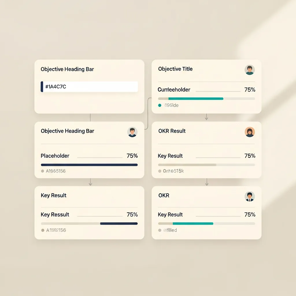 Mockup d'un tableau d'OKRs avec objectifs, key results chiffrés et propriétaires.