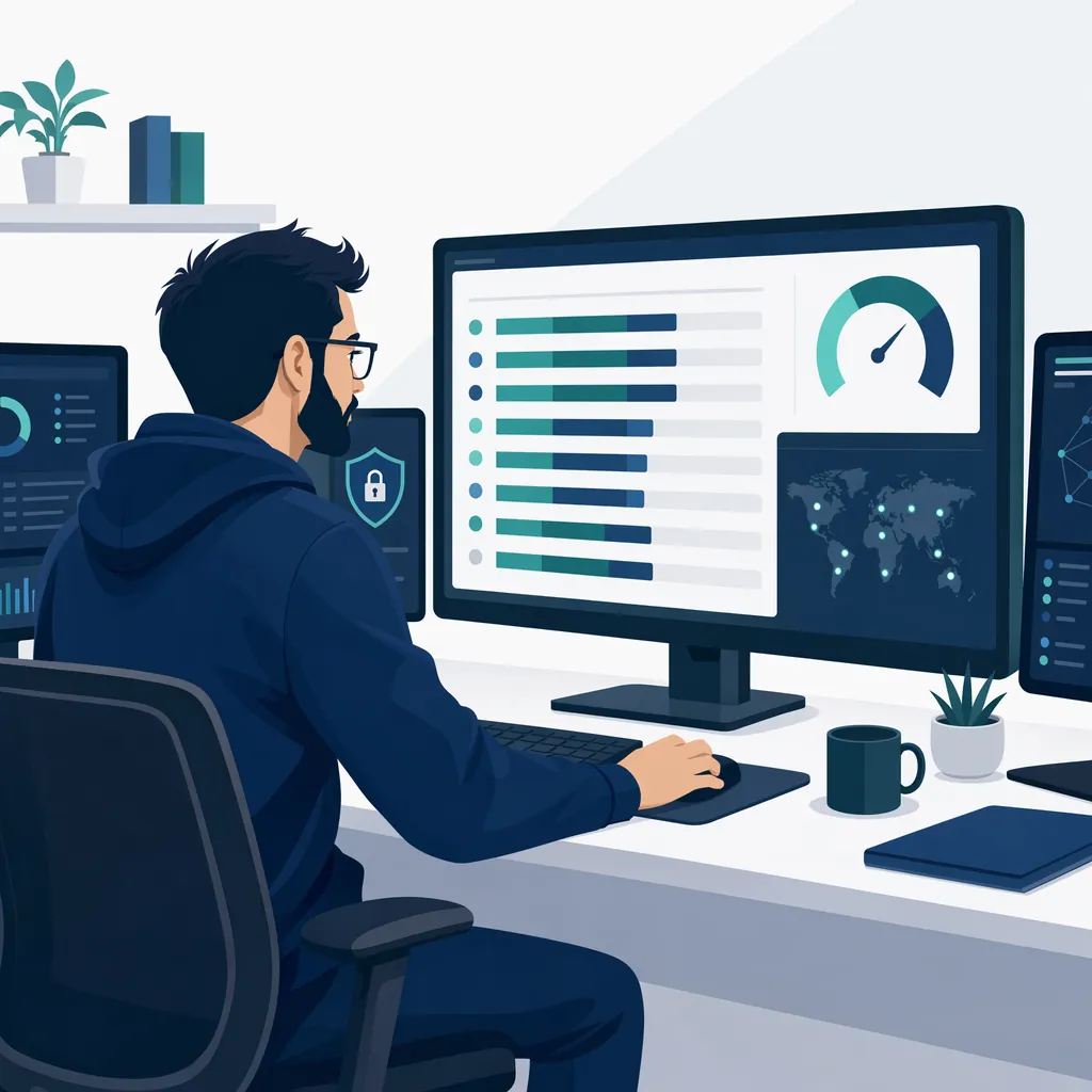Analyste sécurité face à un dashboard de scan de vulnérabilités.