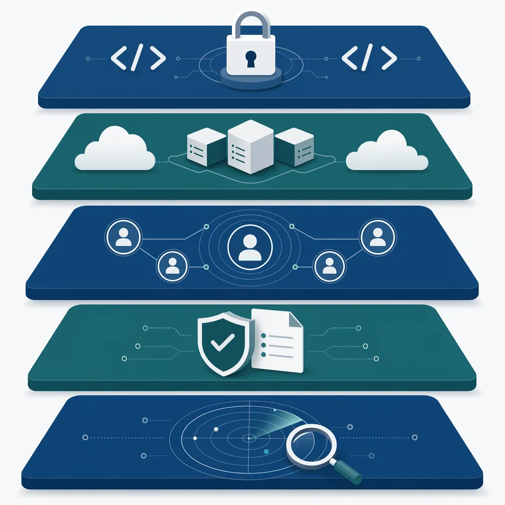Cinq couches de scan : application, infrastructure, identité, conformité, détection.